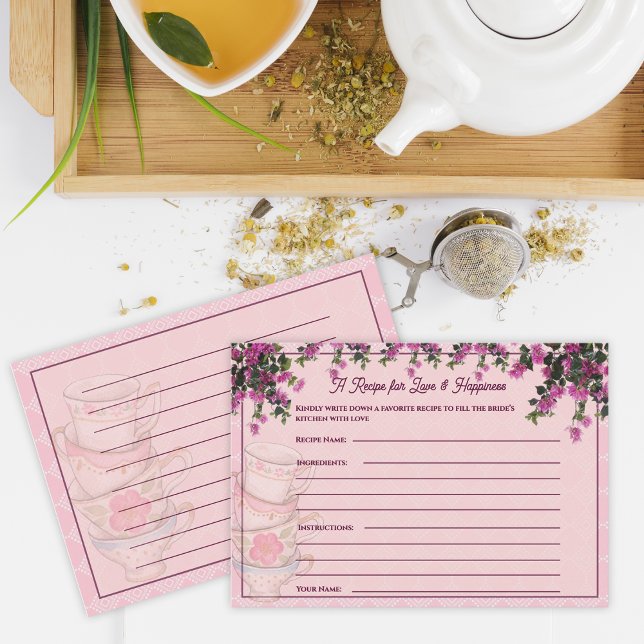 Cartão De Informações Pink Floral Teacups Bridal Shower Recipe Card (Pink Floral Teacups Bridal Shower Recipe Card)