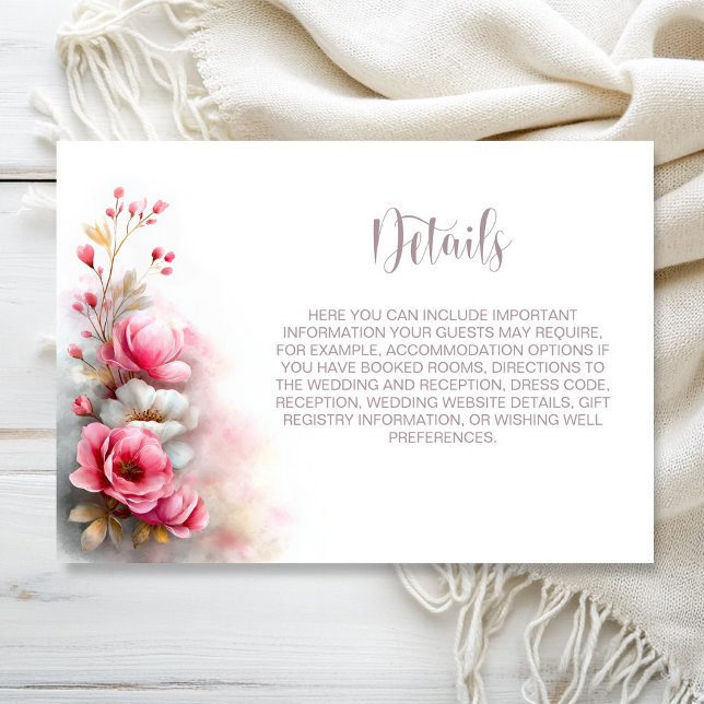 Cartão De Informações Pink Floral Wedding Details (Criador carregado)