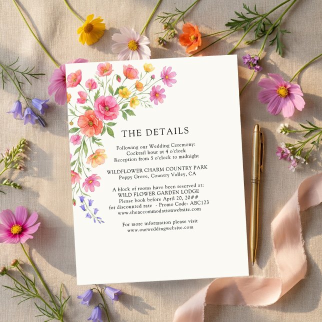 Cartão De Informações Pink Orange Flowers Wedding Details (Wedding details card from the Wildflower Bloom collection by Darling & May)