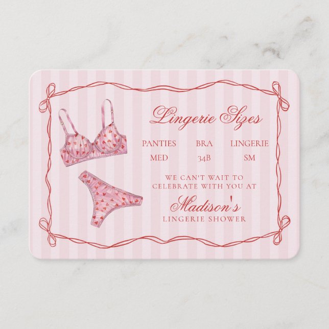 Cartão De Informações Pink & Red Heart Lingerie Sizes Shower Bow (Frente)