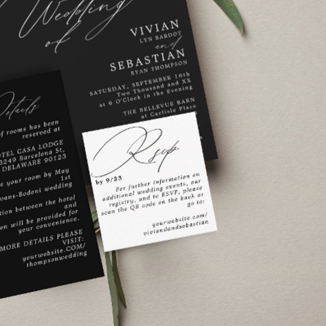 Cartão De Informações Placa de código QR de RSVP Preto Mínimo Moderno (Criador carregado)