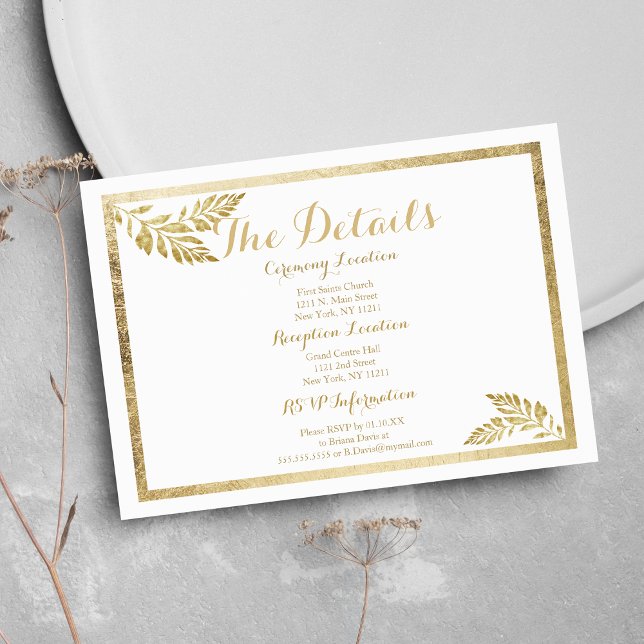Cartão De Informações Placa de detalhes florais simples do ouro branco E (Elegance simple white golden floral Details Card)