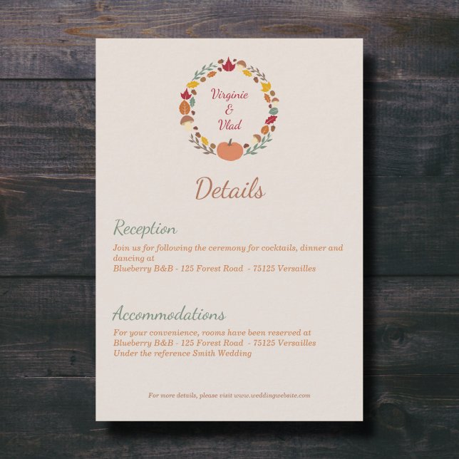 Cartão De Informações Placa de gabinete de detalhes do Casamento outono  (Wreath & Fall Wedding Details Enclosure Card)