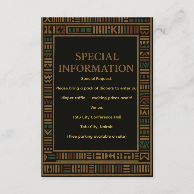 Cartão De Informações Placa de gabinete do Chá de fraldas Dourado Kente  (Frente)