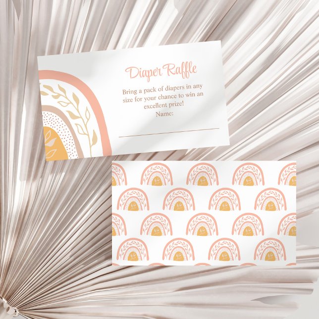 Cartão De Informações Placa de gabinete Raffle da Fralda arco-íris Boho  (Boho PInk Rainbow Diaper Raffle Enclosure Card on a white dry palm leaf.)