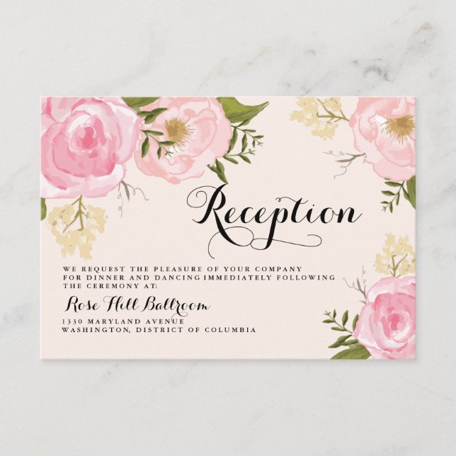 Cartão De Informações Placa de Recepção de casamento Floral Rosa Moderna (Frente)