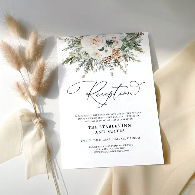 Cartão De Informações Placa de Recepção de casamento Rustic Winter Pinec (Criador carregado)