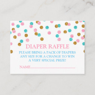 Cartão De Informações Placa Raffle de Fralda azul-rosa com pontos Dourad