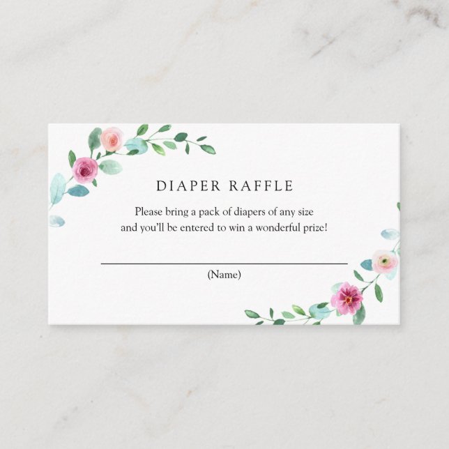 Cartão De Informações Placa Raffle de Fralda Eucalyptus e Flores Rosa (Frente)
