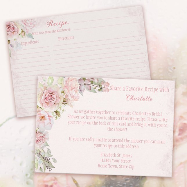 Cartão De Informações Placa receptáculo de recebimento de Chás de panela (Pink Roses Bridal Shower Recipe Enclosure Cards. 
Invite the Guests to share a favorite recipe.)