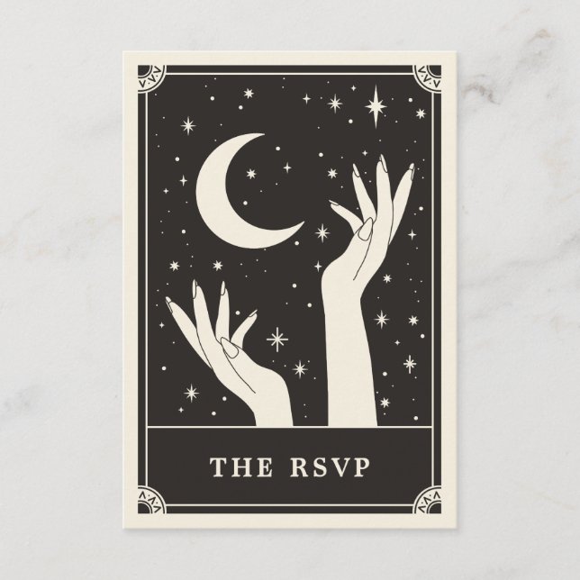 Cartão De Informações Placa RSVP de Casamento Celestial Boho Tarot moon (Frente)