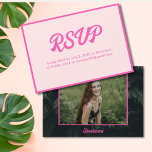 Cartão De Informações Placa RSVP Tropical Neon Pink Bat Mitzvah<br><div class="desc">Convide seus hóspedes em estilo com estas placas de gabinete Bat Mitzvah RSVP, cor-de-rosa, neon tropical, personalizadas com suas informações. A design apresenta folhas verdes de palma na parte de trás, uma Estrela de David, e texto rosa personalizado para compartilhar os detalhes do seu evento. Insira a ferramenta design Zazzle...</div>