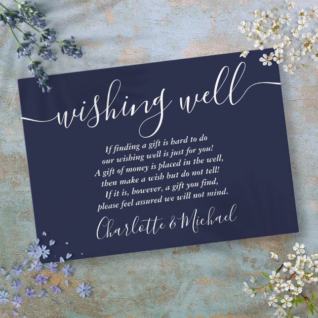 Cartão De Informações Poço de Desejos Assinatura Script Casamento Azul M (Wishing Well Signature Script Navy Blue Wedding Enclosure Card)