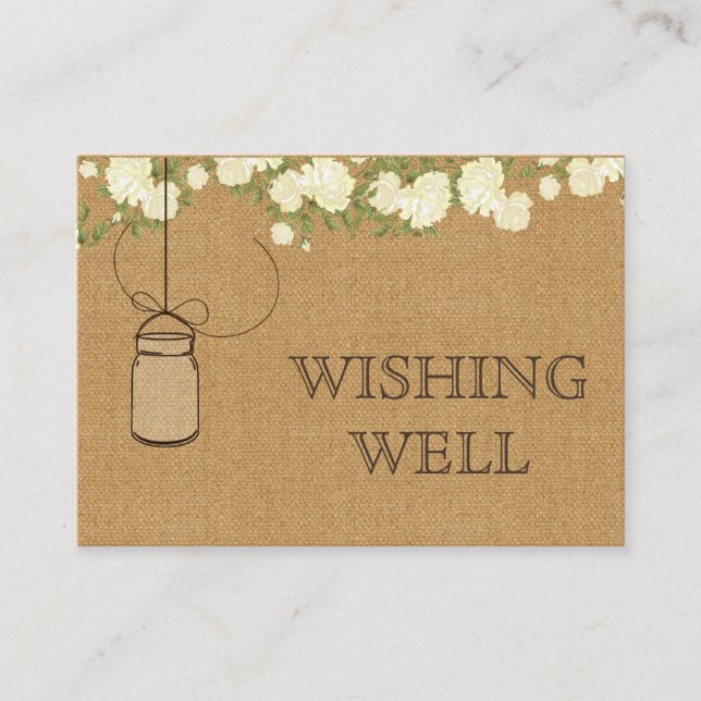 Cartão De Informações poço de desejos em juta rústica com rosas marfim e (Frente)