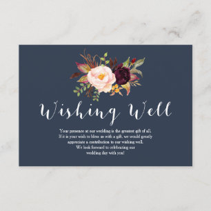 Cartão De Informações Poço de Desejos Floral de Casamento Burgundy Navy