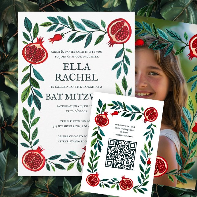 Cartão De Informações Pomegranata Bar QR Bat Personalizado Mitzvah Water (Pomegranates Custom QR Bat Bar Mitzvah Watercolor Enclosure Card
)