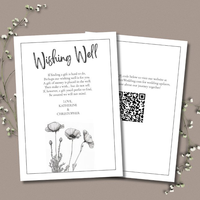 Cartão De Informações Pops Negros e Brancos Casamento Elegante Desejando (Elegant Wedding Wishing Well Enclosure Card with White Poppies & QR Code for wedding website.)