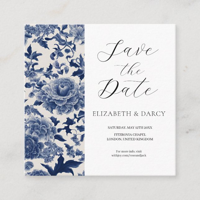 Cartão De Informações Porcelain Elegance: Casamento Floral Azul (Frente)