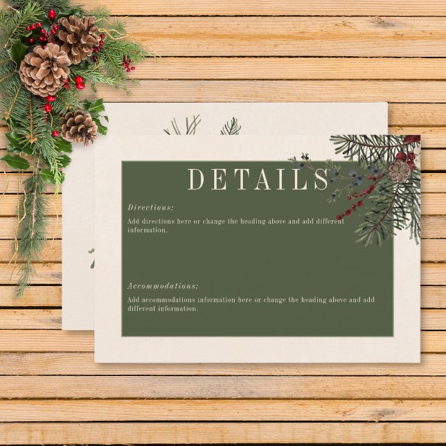 Cartão De Informações Pormenores da Rustic Winter Berries & Pine Cream (Rustic Winter Berries & Pine Wedding Details Card)