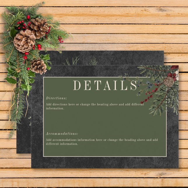 Cartão De Informações Pormenores Russos dos Berries Winter & Pine Black (Rustic Winter Berries & Pine Black Wedding Details Card)