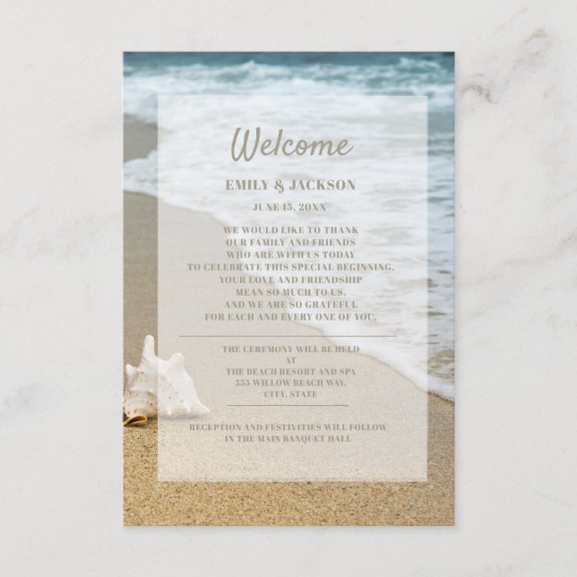 Cartão De Informações Praia Arenosa Oceano Concha Marinha Casamento Bem- (Frente)