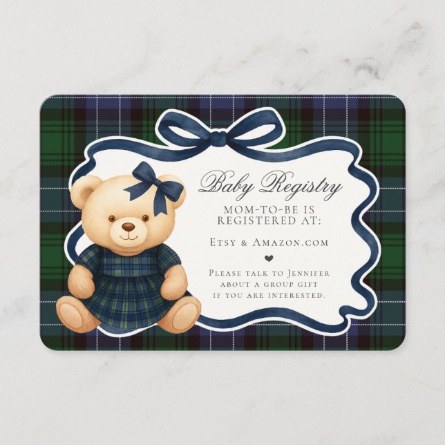 Cartão De Informações Preppy Coquette Bow Bear Plaid Baby Registry Card (Frente)
