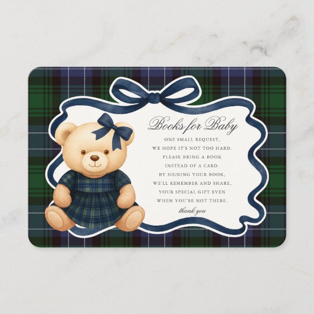 Cartão De Informações Preppy Coquette Bow Bear Plaid Books for Baby Card (Frente)