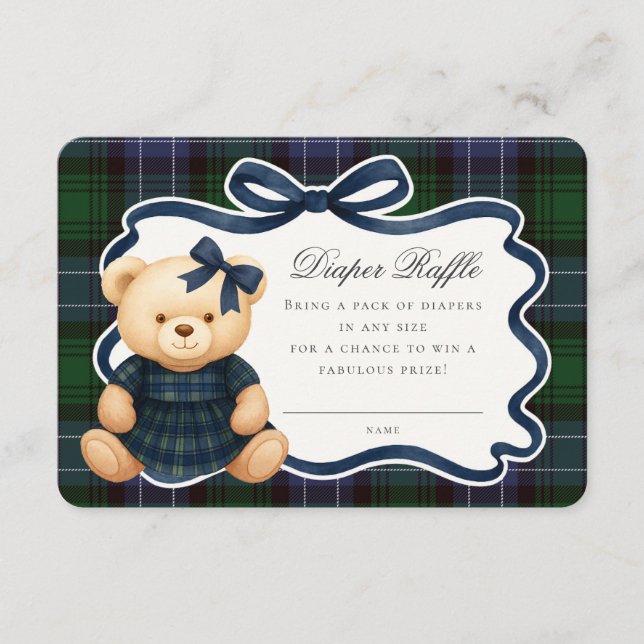 Cartão De Informações Preppy Coquette Bow Bear Tartan Diaper Raffle Card (Frente)