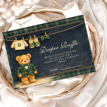 Cartão De Informações Preppy Teddy Bear Plaid Diapper Raffle<br><div class="desc">A charming preppy baby shower design featuring a sweet teddy bear dressed in a classic green plaid jacket and bow tie. Above the bear, a delicate clothesline displays tiny baby clothes and shoes, creating a nostalgic storybook nursery scene. The deep navy background and subtle tartan border add a refined, vintage-inspired...</div>