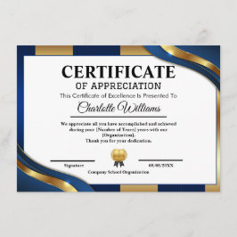 Cartão De Informações Professional Certificate of Appreciation Blue Gold