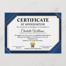 Cartão De Informações Professional Certificate of Appreciation Blue Gold