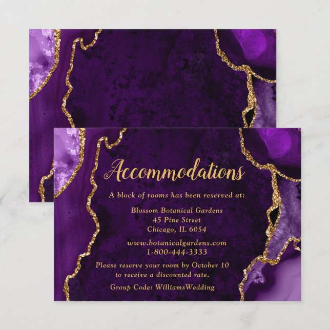 Cartão De Informações Purple and Gold Agate Wedding Accommodations (Frente/Verso)