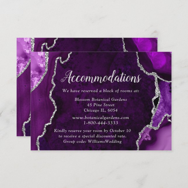 Cartão De Informações Purple and Silver Agate Wedding Accommodations (Frente/Verso)
