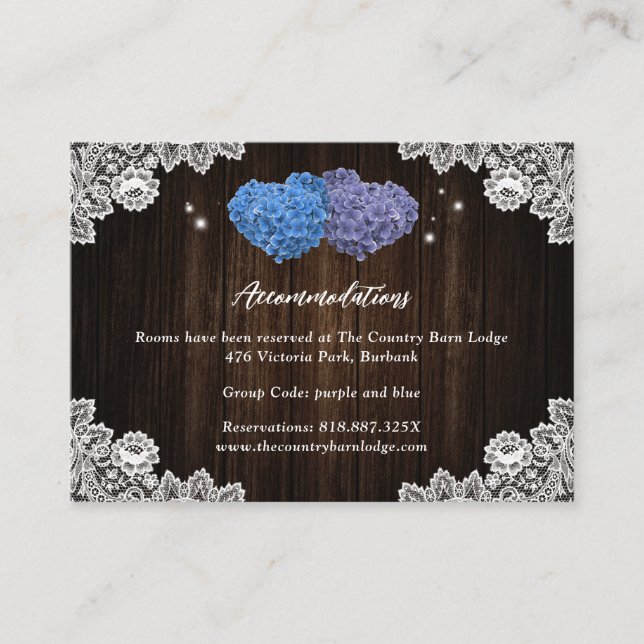 Cartão De Informações Purple Blue Wedding Hotel Accommodation Card (Frente)
