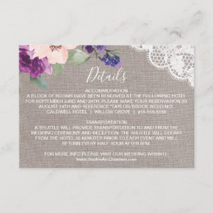 Cartão De Informações Purple Flowers & Lace Wedding Details Insert Card