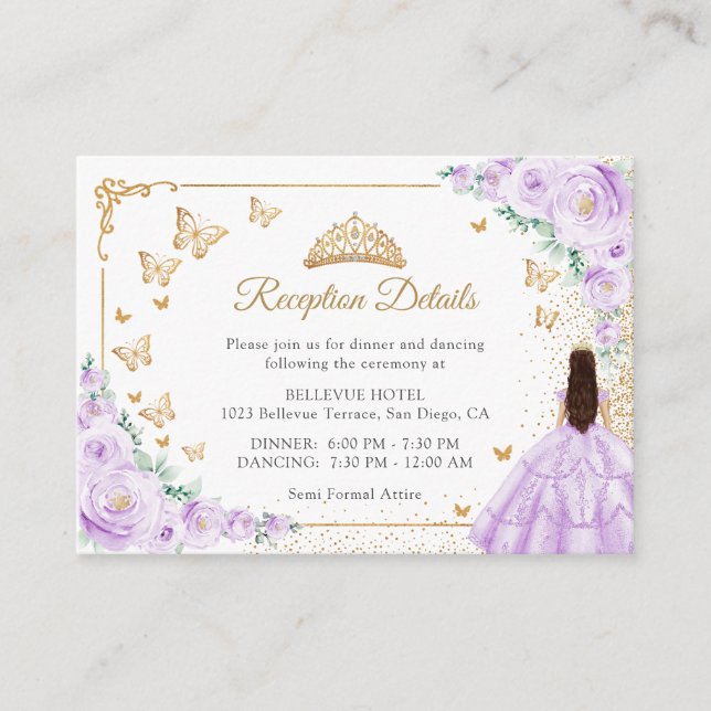Cartão De Informações Purple Lilac Gold Quinceanera Reception Details (Frente)