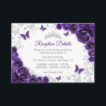Cartão De Informações Purple Silver Quinceanera Reception Details<br><div class="desc">Purple silver Quinceanera reception details enclosure cards. Features,  script font,  silver butterflies,  watercolor roses and tiara. Perfect for an elegant princess style glam celebration. Personalize with your own details.</div>