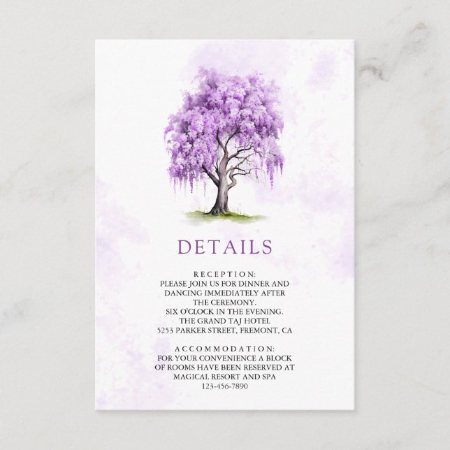 Cartão De Informações Purple Wisteria Floral Tree Wedding Details (Frente)