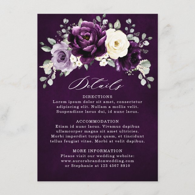 Cartão De Informações Púrpura Roxo Pera Marinha Branca Casamento Floral  (Frente)