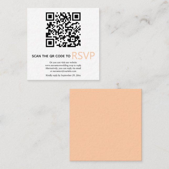 Cartão De Informações QR code on-line RSVP casamento de pêssego moderno (Frente/Verso)