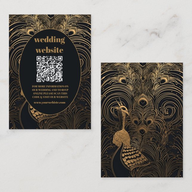 Cartão De Informações qr code Pavões Elegantes Casamento Art Déco (Frente/Verso)