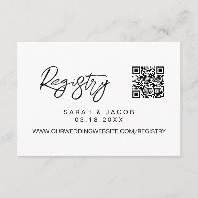 Cartão De Informações QR code wedding registry Modern script custom (Frente)