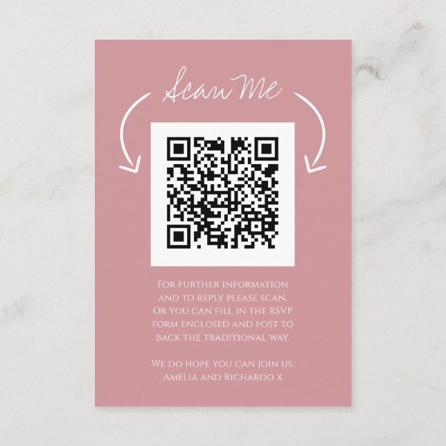 Cartão De Informações QR code wedding website monogram pink scan reply (Verso)