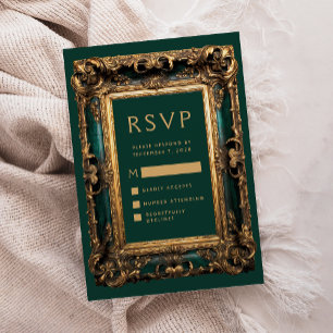 Cartão De Informações Quadro Antigo Verde Dourado RSVP Casamento