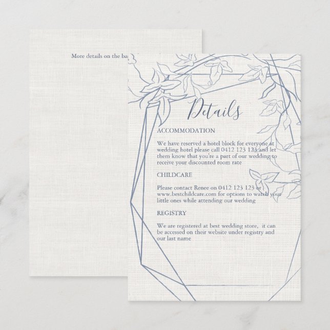 Cartão De Informações Quadro Floral Azul Elegante | Linen Wedding (Frente/Verso)