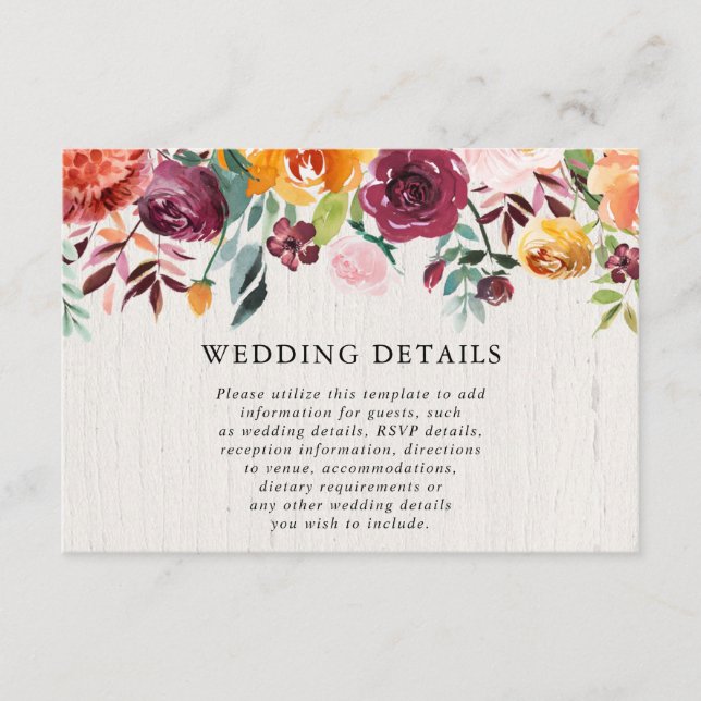 Cartão De Informações Queda de detalhes florais de casamento rústico com (Frente)