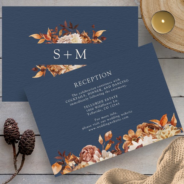 Cartão De Informações Queda Recepção de casamento Botânica (Fall Navy Blue Botanical Wedding Reception Enclosure Card Monogram on Back by Painted Paperie
)