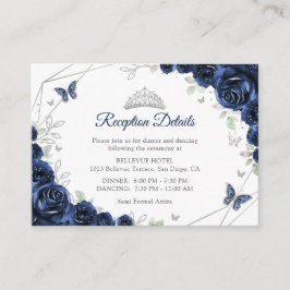 Cartão De Informações Quinceanera Azul Marinho Detalhes Florais Prateado
