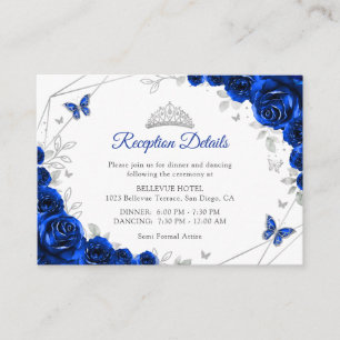 Cartão De Informações Quinceanera Azul Real Detalhes Florais Prateados