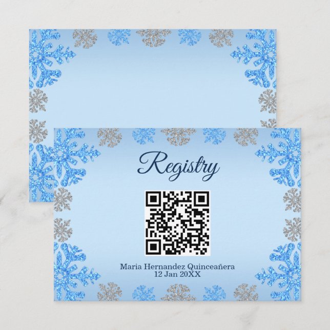 Cartão De Informações Quinceañera Blue Silver Winter Snowflake Registry (Frente/Verso)